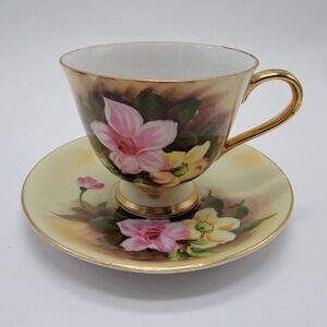 Vtg Enesco Floral Pedestal Cup & Saucer Set Gold Trim Accents Hand Painted E1432